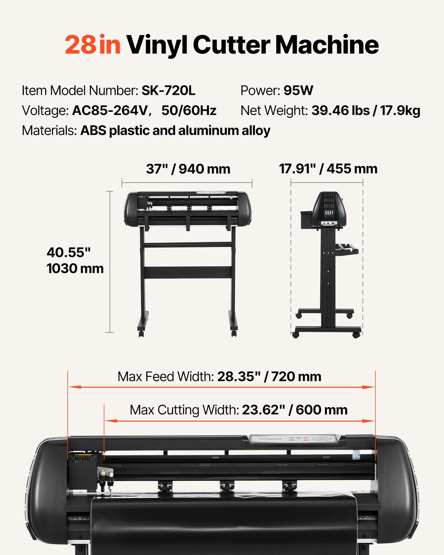VEVOR Vinyl Cutter Machine, 28 inch Max Feed Width, Dual Blades, Adjustable Force and Speed, LED Display, Vinyl Plotter Cutter Printer Bundle with Sticker Sheets, Transfer Film, Signmaster Software