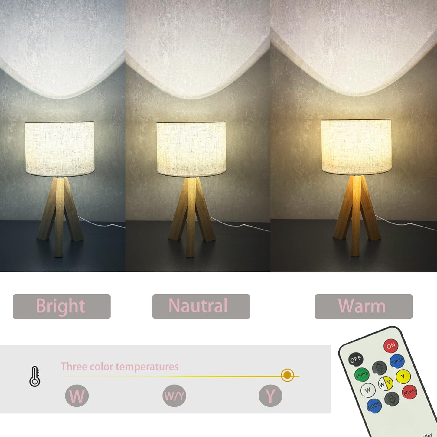 Tripod Table Lamp, Small Cute Bedside Lamp with Linen Beige Lampshade, Nightstand Lamp for Nursery, Bedroom, Kid Room, Living Room, Light Brown Wooden Base, E26 Socket, 12.8Inch, 3000K, 4500K, 6000K