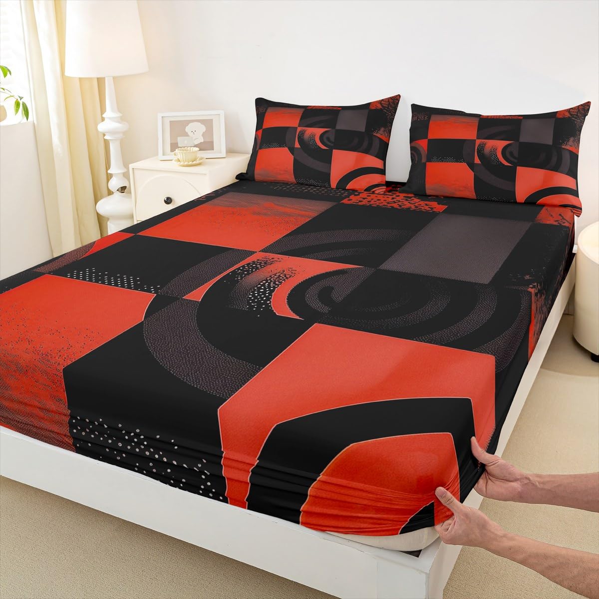 jejeloiu Black and Red Fitted Sheet with 1 Pillowcase Twin Size Abstract Bed Sheets Set 16" Deep Pocket Boys Girls Bedding Plaid Teens Bedroom Decor Breathable Soft Lightweight Microfiber
