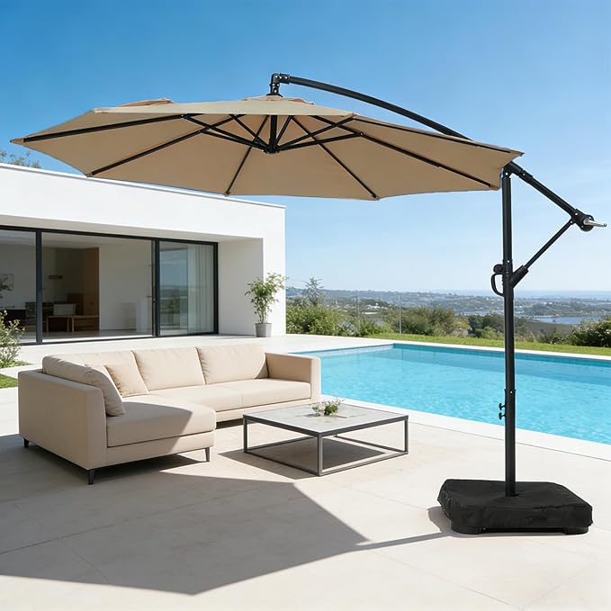 wikiwiki 10ft Patio Umbrella with Base Included, Outdoor Offset Cantilever Umbrella with Sandbag Base for Backyard, Garden and Pool, Easy to Tilt and Crank, Tan