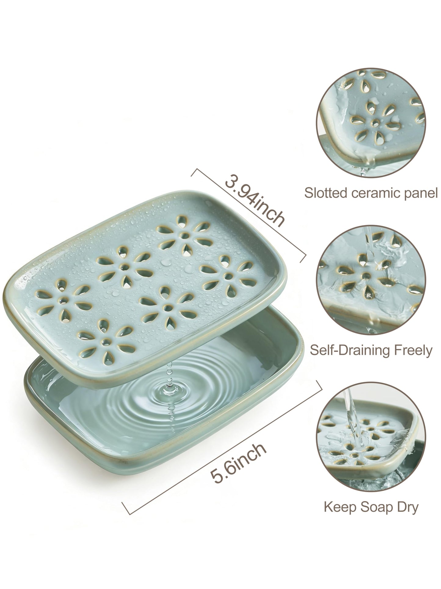 Miamolo Soap Dish for Shower with Drainage, 2-Tier Soap Holder for Bar Soap Sponge, Ceramic Soap Dish with Removable Drip Tray for Bathroom Sink, Mess-Free, Easy Cleaning Dishwasher Safe, Blue