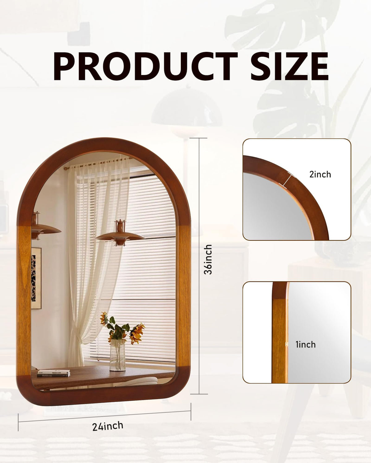 Arched Bathroom Mirror,Wood 24 x 36 Inch Arch Wall Mirror with Walnut Frame,Vanity Tempered Glass Mirror for Bedroom,Entryway,Living Room