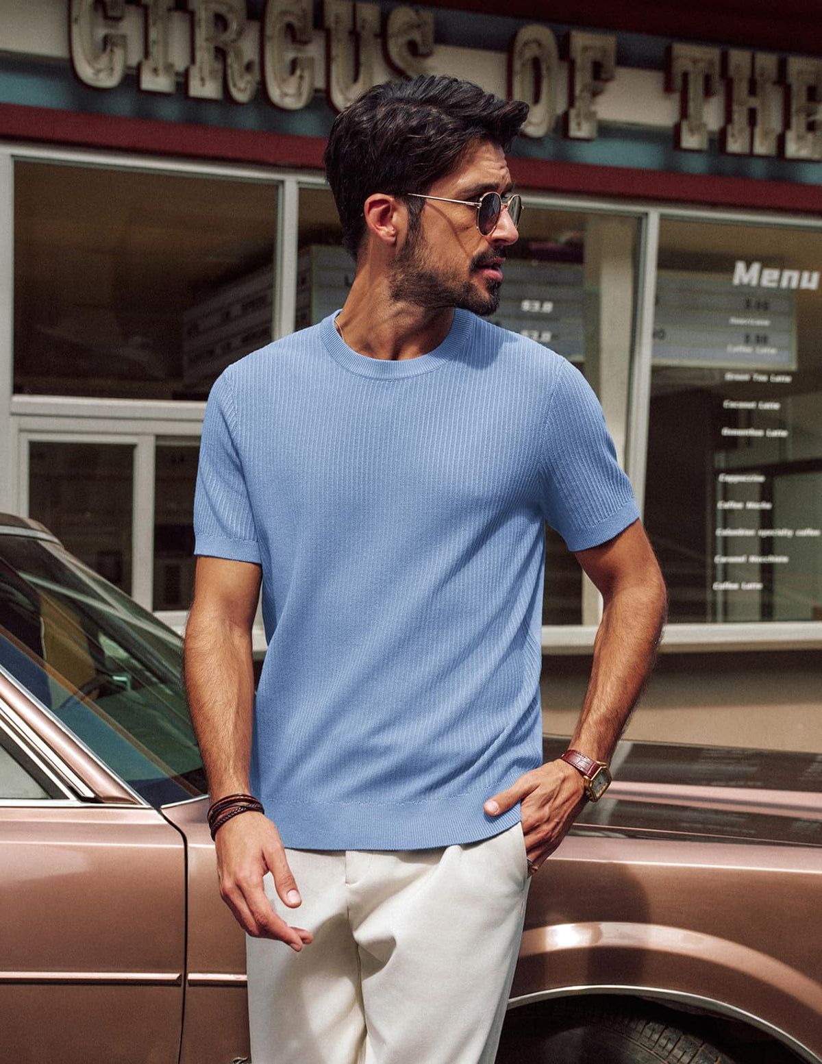PJ PAUL JONES Knitted Shirt for Men Crew Neck Tees Short Sleeve Pullover Casual Slim Fit Men's T Shirts Light Blue