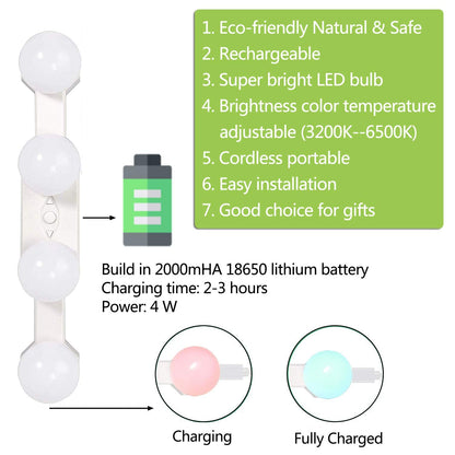 Makeup Lights Cordless Portable, LED Vanity Mirror Light Kit Hollywood Style USB Rechargeable, 4 Dimmable Bulbs Multifunction Fill Lights Battery Powered for Dressing Table Bathroom (No Mirror)