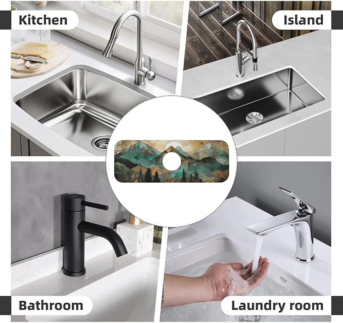 Kitchen Sink Splash Guard Faucet Mat Mountains Trees Landscape Sunrise 15"x5.5"