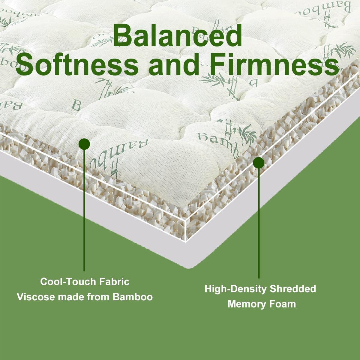 Whatsbedding Memory Foam Mattress Topper, 1500 GSM Thicker Slow Rebound Memory Foam Topper with Cooling Viscose Made from Bamboo Cover, 4 Blastic Bands
