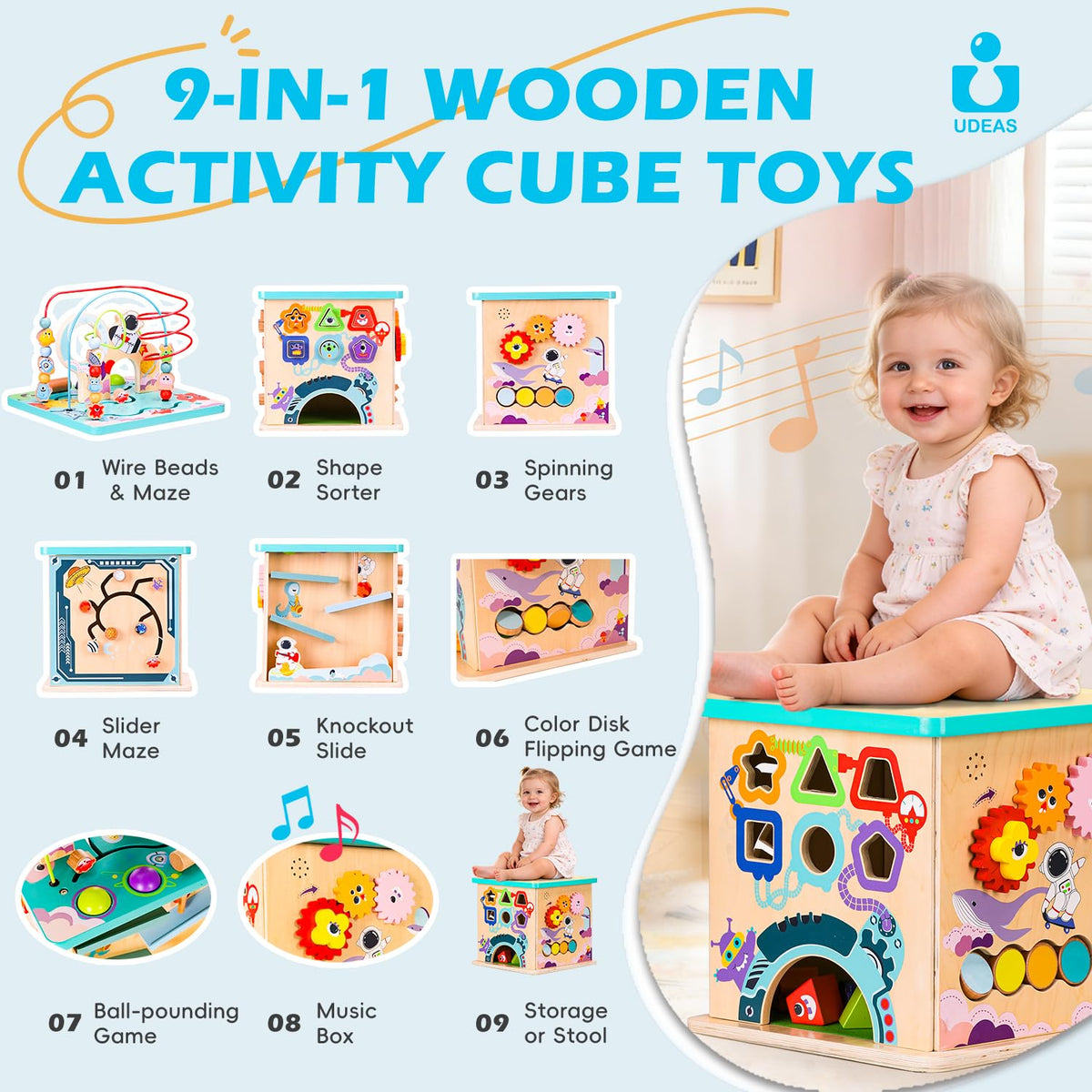 Udeas Pre-Assembled 9 in 1 Large Wooden Activity Cube. Educational Learning Toy for Kids with Bead Maze, Shape Sorter and Music Gears and More. for Toddlers 18 M+. Birthday Gifts for Boys and Girls