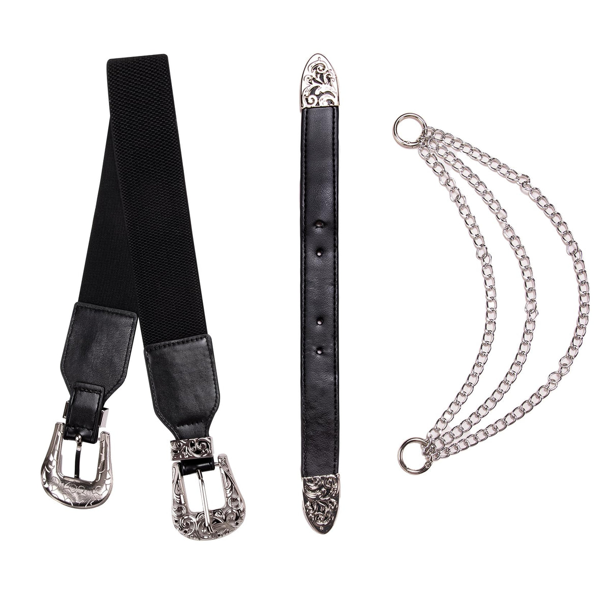 Dubulle Womens Belt Silver Black Chain Leather Belts Vintage Western Adjustable Elastic Double Buckle for Cowboy Pant Dress