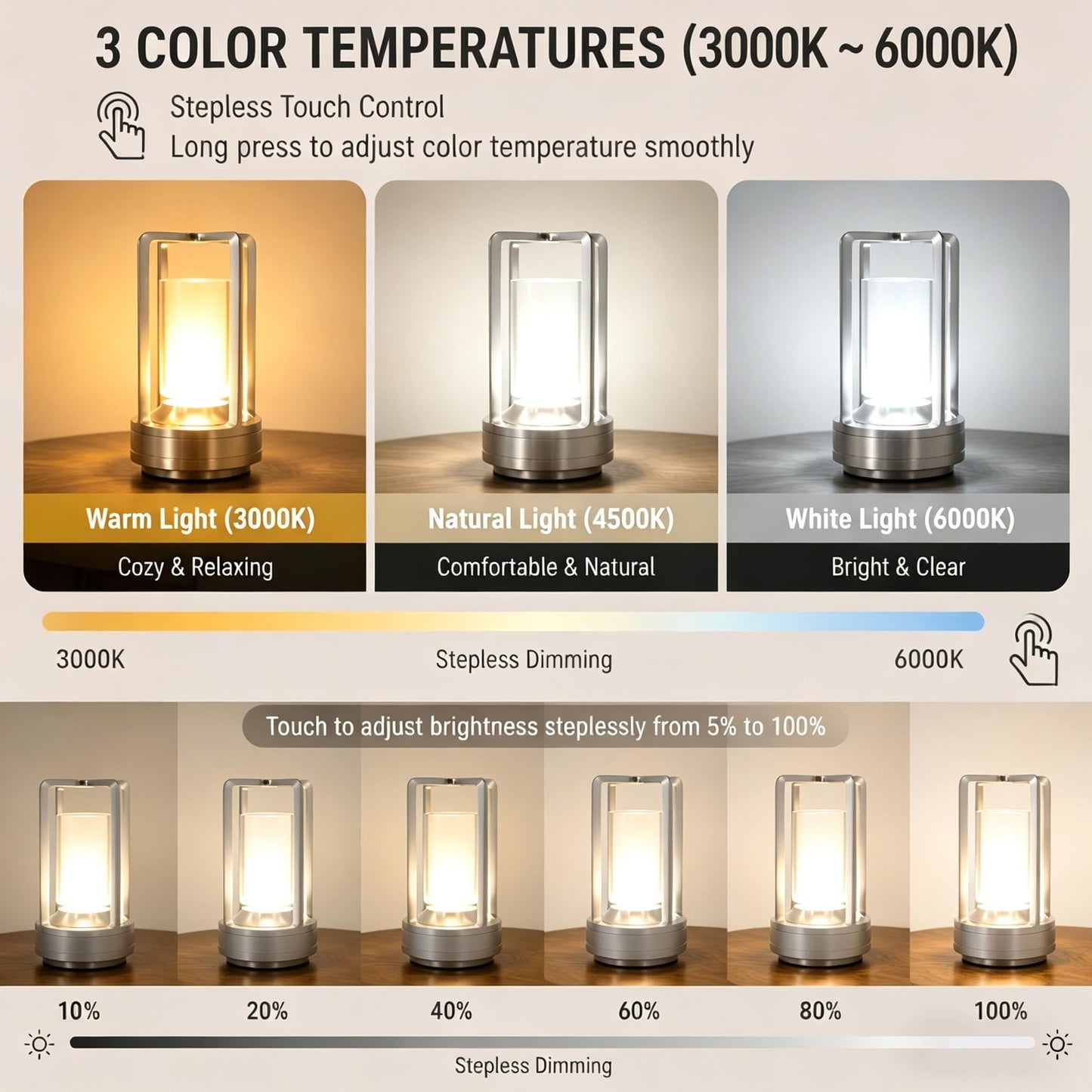 Candico Rechargeable Crystal Table Lamp, 3-Color Touch LED, Silver