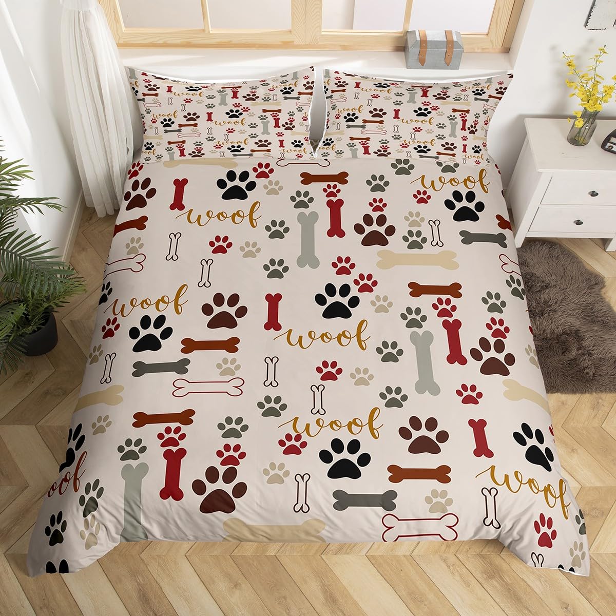 Dog Paw Print Duvet Cover Set King Size,Bone Pattern Bedding Set 3pcs for Kids Teens Girls Boys Room Decor, Pet Animal Comforter Cover Cartoon Quilt Cover with 2 Pillowcases