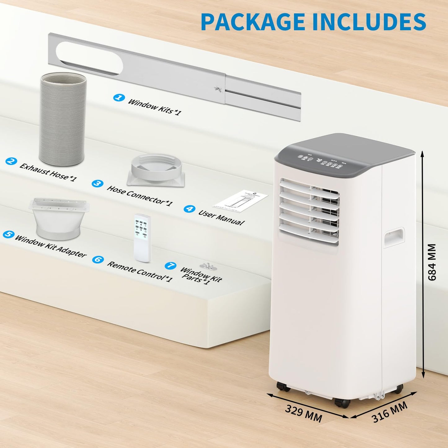 IDEALHOUSE Portable Air Conditioners, 8000 BTU Portable AC, AC Unit with Cooling, Dehumidifying & Fan, Quiet Operation and Easy Mobility, Remote Control, Enhanced Air Quality for Home & Office