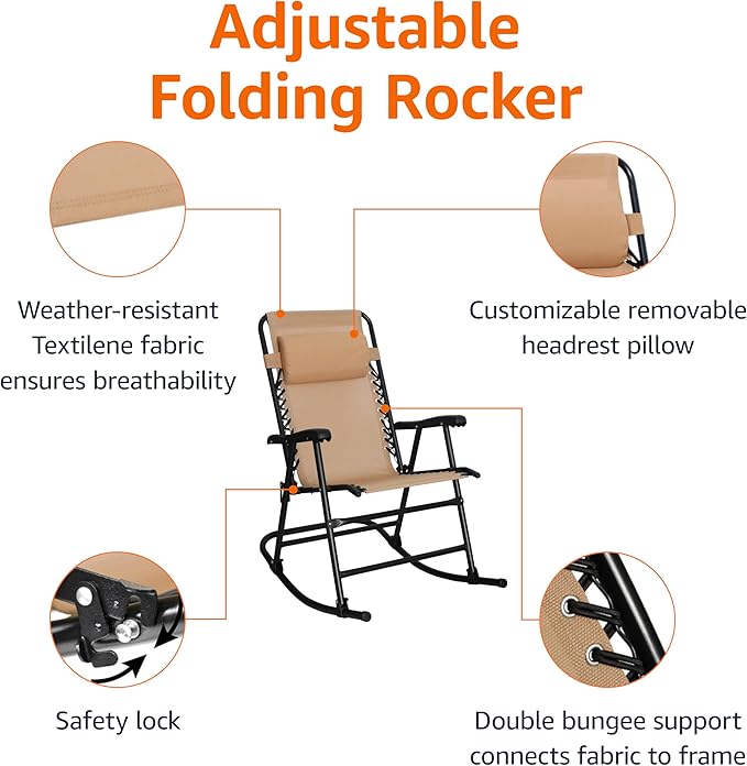 Amazon Basics Outdoor Portable Folding Rocking Chair with Headrest, Ergonomic Design, Weather-resistant Patio Reclining Lounge Chair for Porch, 33.6 x 37.4 x 26 inch, Beige