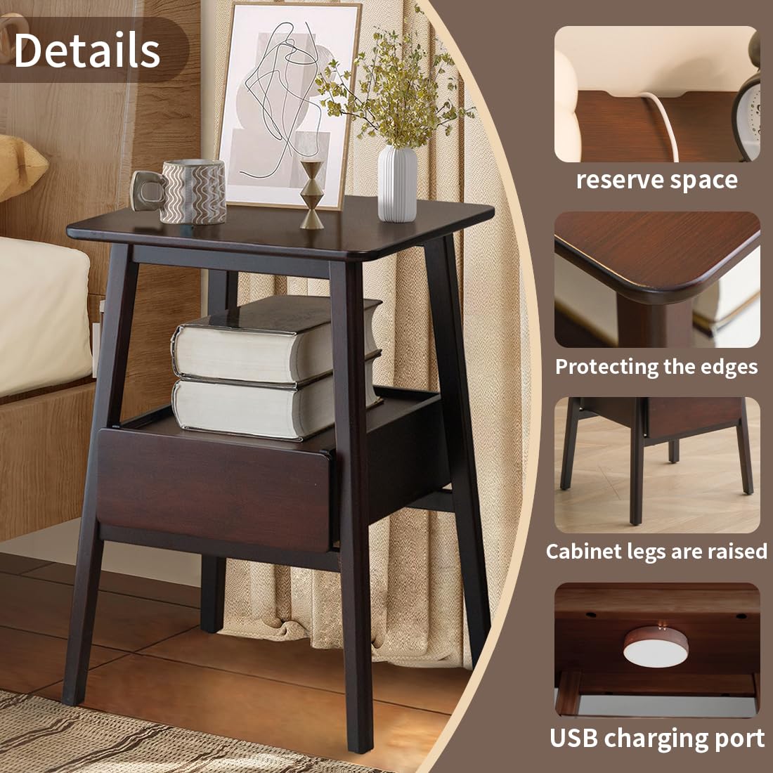 Kuabner Night Stand with Drawer, Mid Century Modern Nightstand, Bedside Tables with Open Storage Shelf,Large Storage End Table, Bamboo Night Stands for Bedrooms