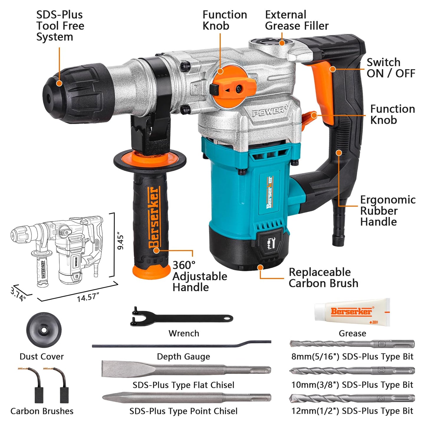 Berserker 1-1/8" SDS-Plus Rotary Hammer Drill with Safety Clutch,9 Amp 3 Functions Corded Rotomartillo for Concrete - Including 3 Drill Bits,Flat Chisel, Point Chisel,Carrying Case