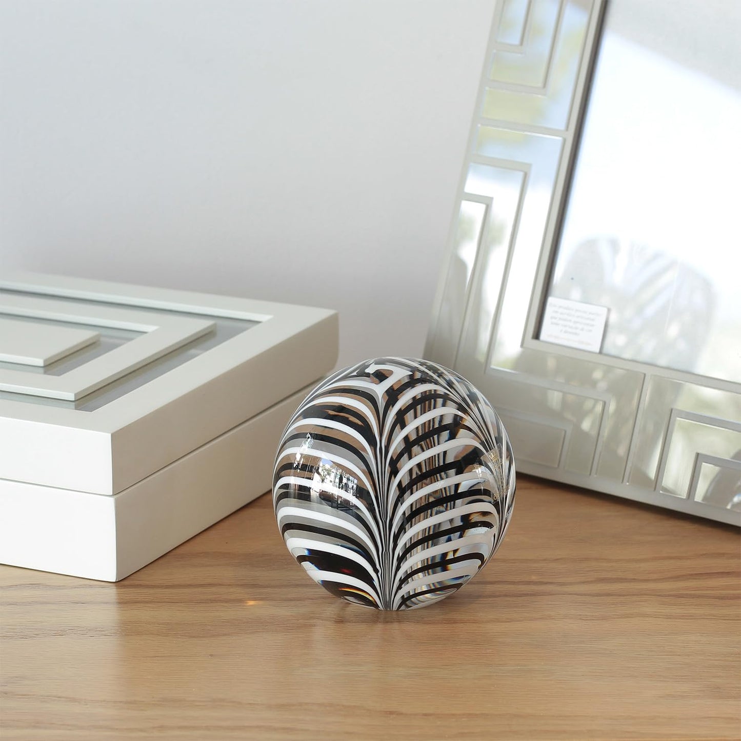 Ca D Oro Ball Glass Paperweight Black and White Feather Pattern Hand Blown Murano-Style Art Glass