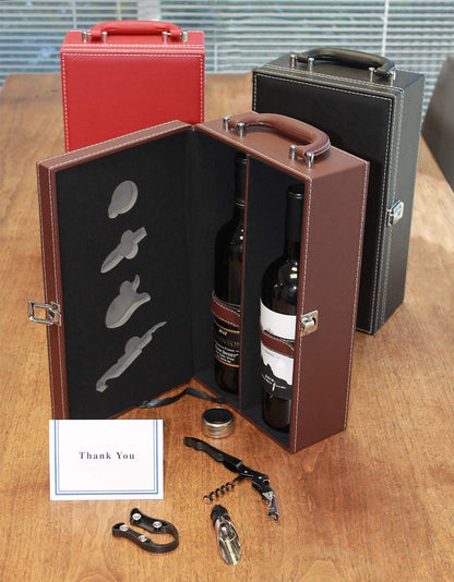 Digilant Lifestyle Top Handle Travel Two-Bottle Wine Carrier Case with 4 Piece Wine Accessory Set (Brown)