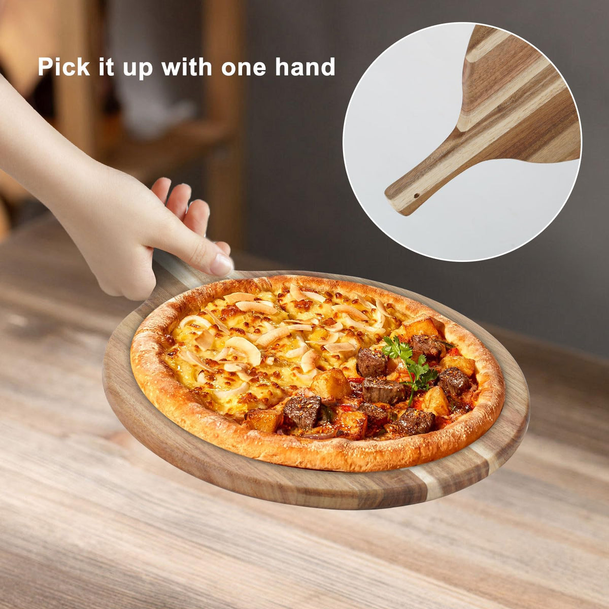 Acacia Wood Round Cutting Board with Handle, Pizza Cutting Boards for Kitchen, Small Wooden Chopping Board, Charcuterie Serving Boards for Cheese, Meat, Vegetables, Bread, 15.7" x 11.8"