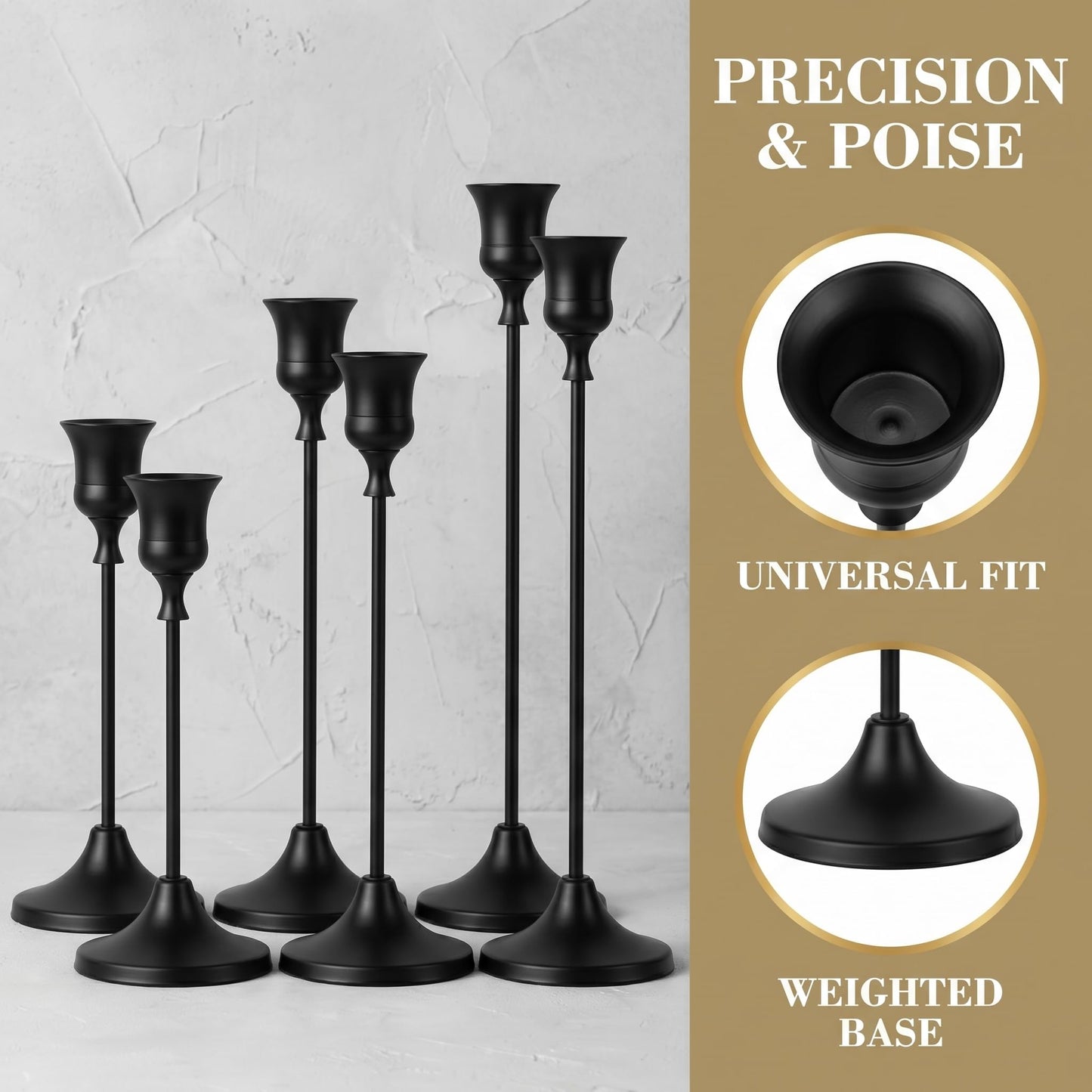 Oakernel Black Taper Candle Holders 2 Sets(6 Pcs) - Tall Metal Candlestick Holders for Table Centerpiece, Formal Dinner, Wedding, Fireplace Mantel Decor, Fits 3/4 Inch Thick Candles