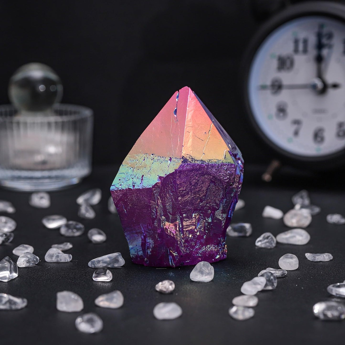 TUMBEELLUWA Titanium Coated Purple AB Crystal Cluster, Angel Aura Quartz Decorative Rock Geode Mineral Specimen for Home Shelf