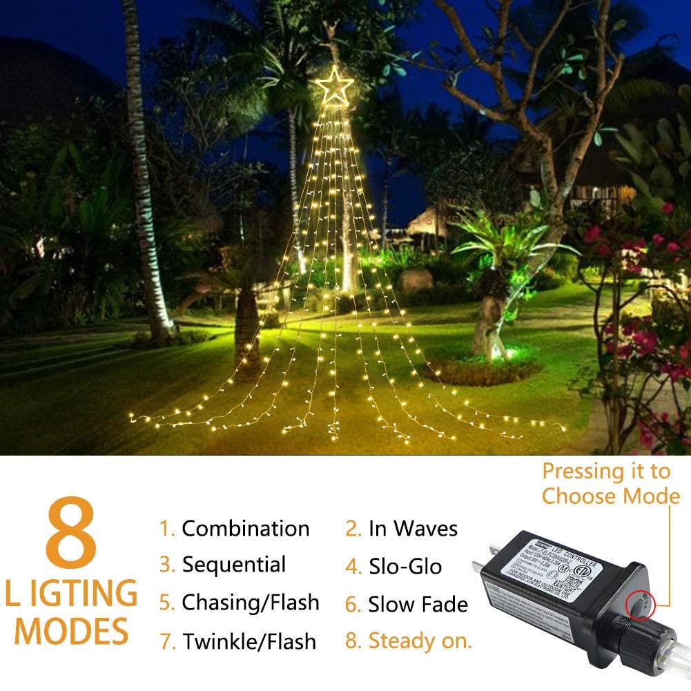 DANLI Christmas Star String Lights Outdoor, 320 LED With Timer [8 Mode/IP44 Waterproof] Decoration Fairy Indoor, 9x12FT Topper for Xmas New Year Wedding Patio Yard