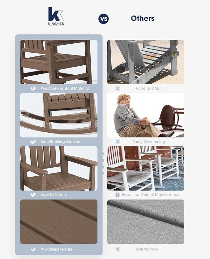 KINGYES HDPE Outdoor Rocking Chair Set of 2, Widened Seat Patio Rocking Chair, Oversized All Weather Patio Rocker, Brown