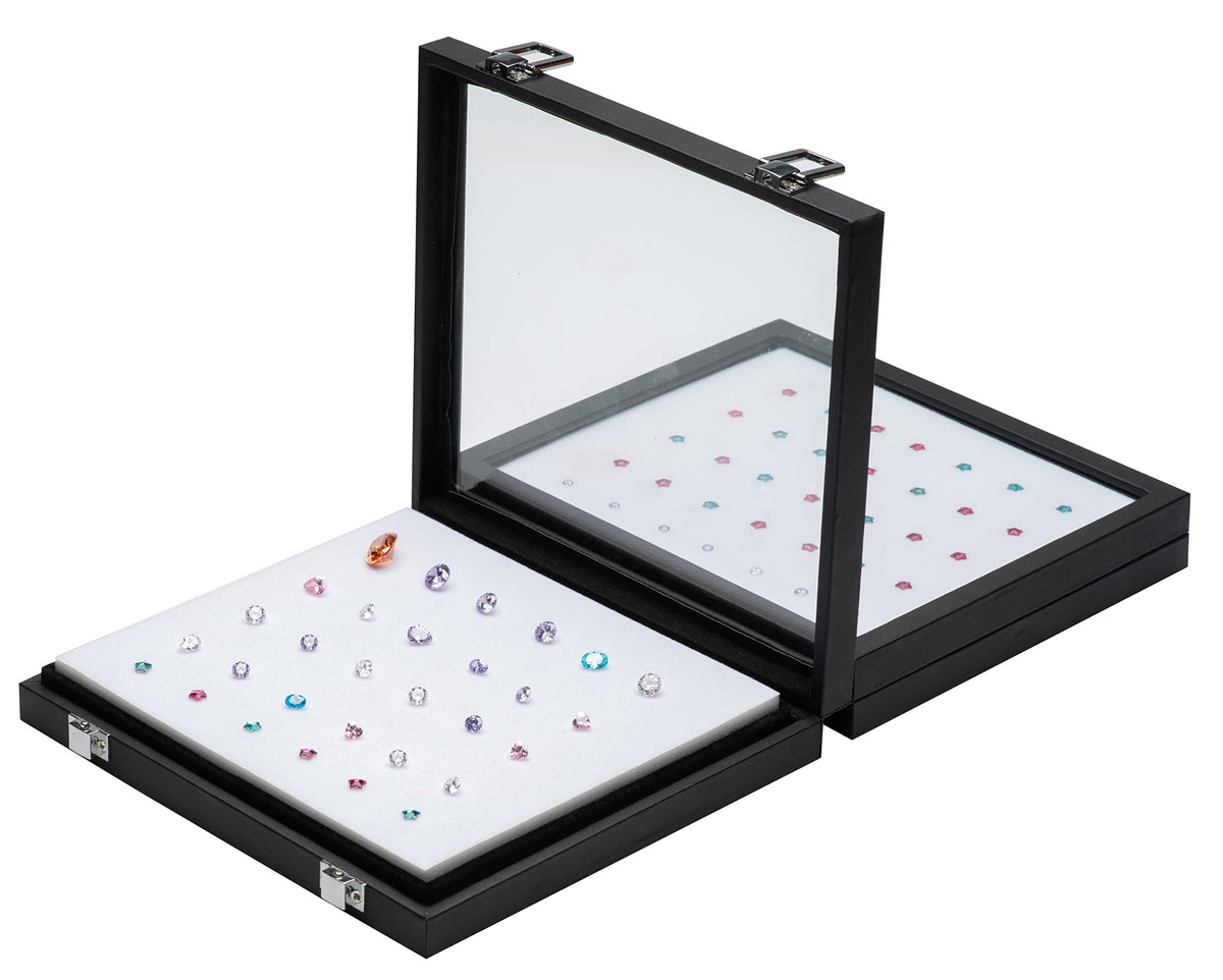 Giftop Jewelry Display Case Tempered Glass Top Lid Black Leatherette,Gemstone Display Case Jewelry Storage Box with Metal Clasp (Large)