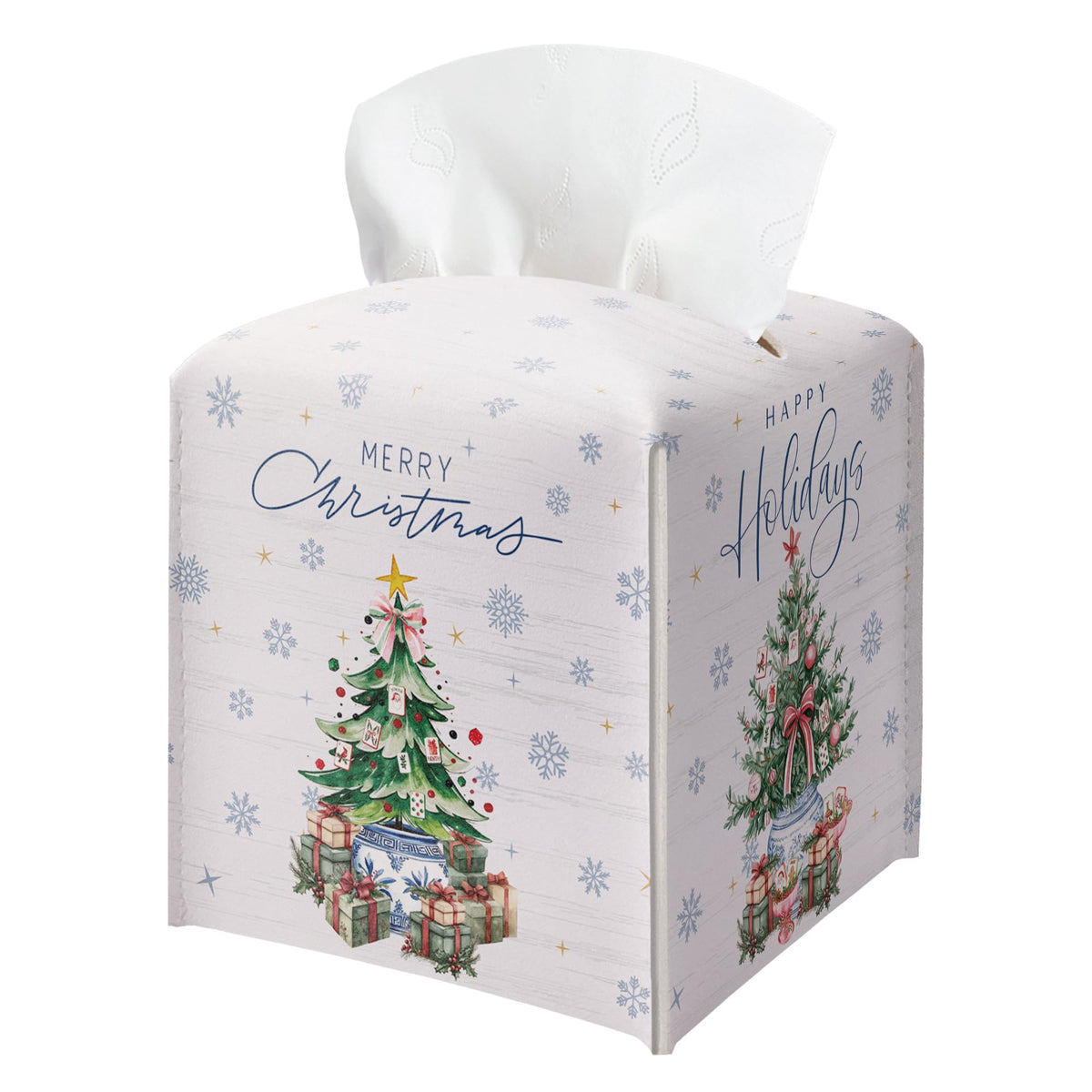 Christmas Tissue Box Cover Square, Snowflake Christmas Tree Decorative Tissue Box Holder, Waterproof Leather Tissues Boxes Dispenser for Bathroom, Office, Car, Bedroom Nightstand, Home Decor