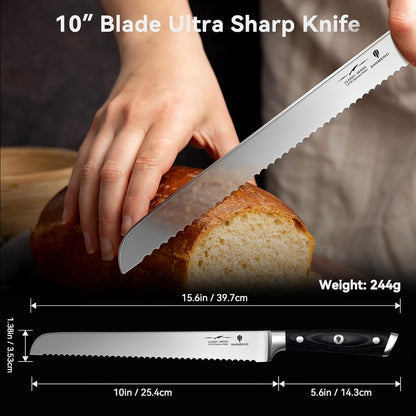 SANMEIHO 10" Bread Knife - Sourdough Slicing Knife Professional 5Cr15MoV Stainless Steel Serrated Knives, Ergonomic Wood Handle & Full Tang Design, Gift Box Included (Single-Edge