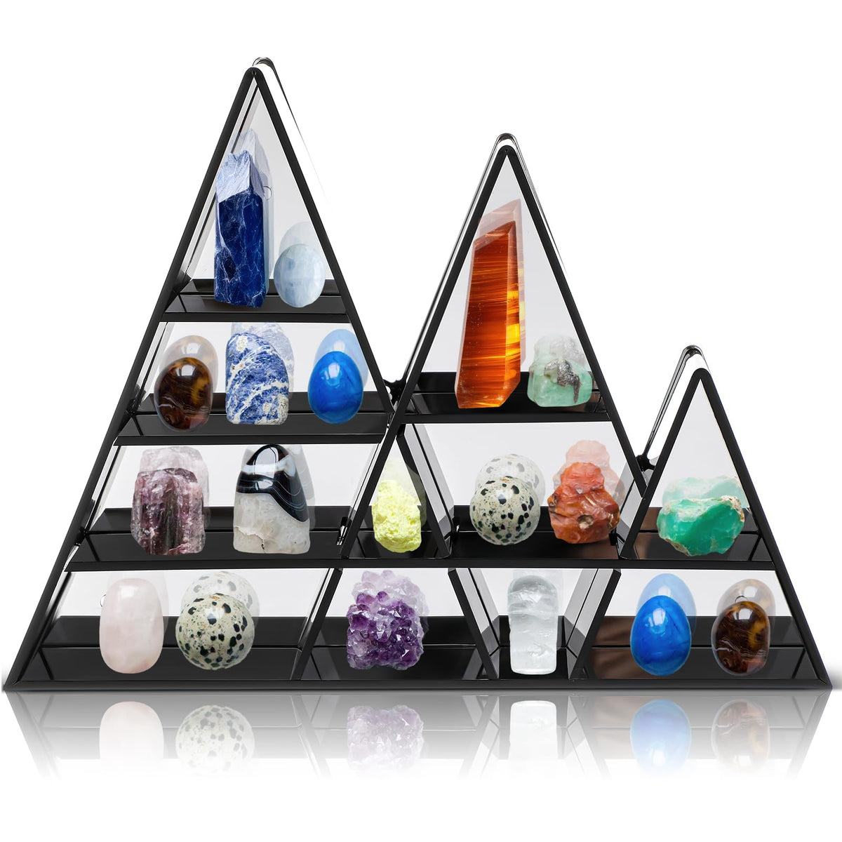 Cinnvoice Rock Display Case Adjustable 11 Grids Acrylic Display Case with Mirrored Crystal Organizer for Collectible, Crystal, Stones, Wall Mountable, Magnetic Door(Black Border, Mountain Style)