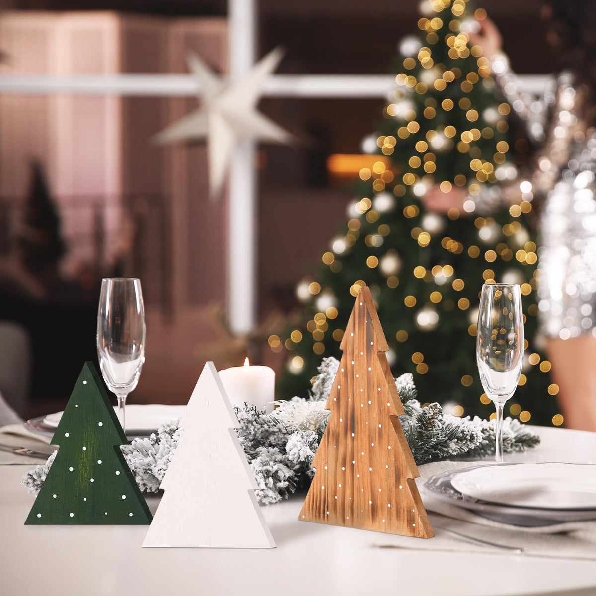 AceOrbit 3 Pcs Christmas Decorations Rustic Farmhouse Wood Christmas Trees Neutral Tabletop Tree Signs Decor Freestanding Xmas Wooden Decorations for Fireplace, Mantle, Shelf, Home, Office