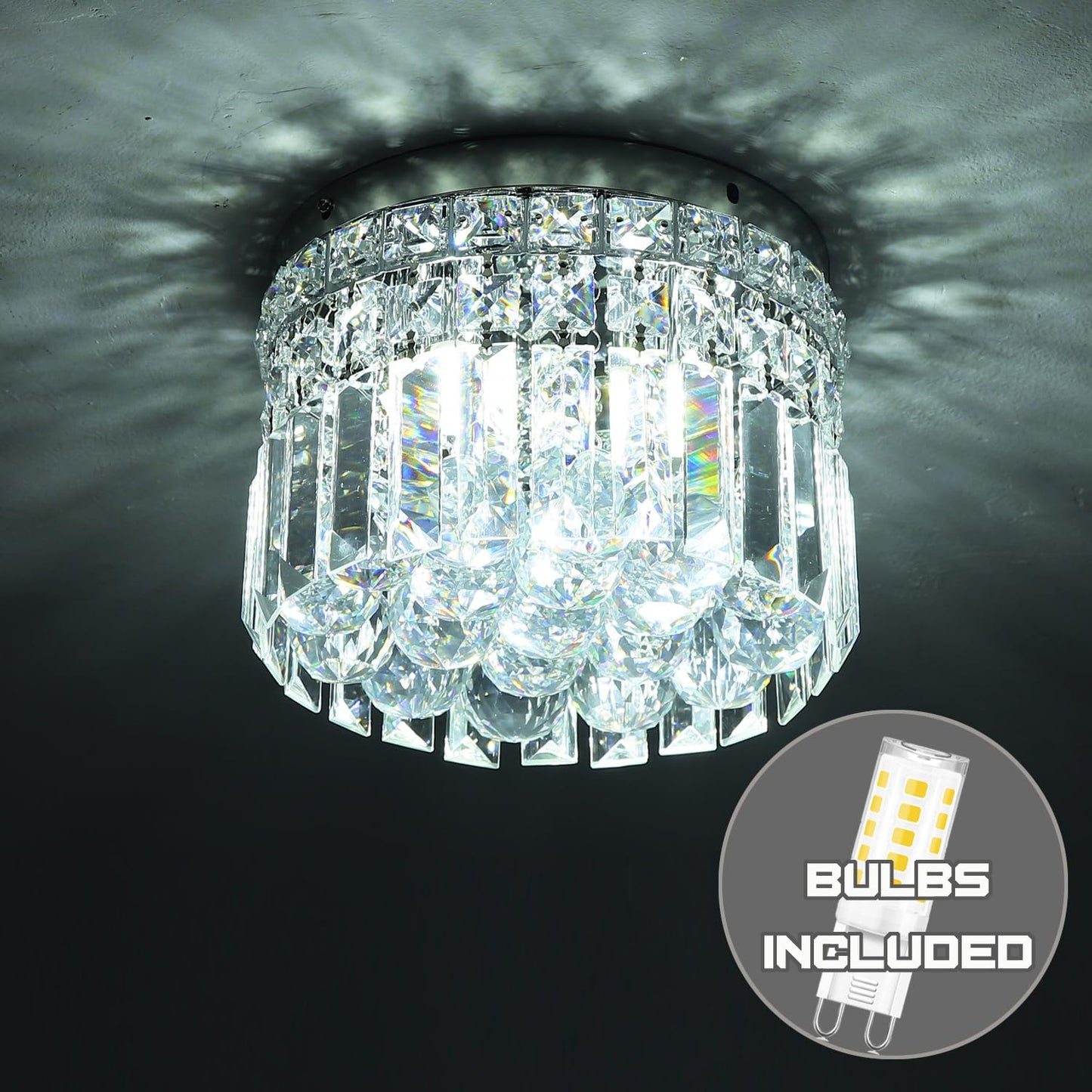 CEENLI Mini Modern Round Crystal Flush Mount Chandelier 7.8 inch Ceiling Light Fixture 4-Lights G9 Bulb for Closet Foyer Hallway Bedroom Living Room Dining Room Entryway Chrome Finish