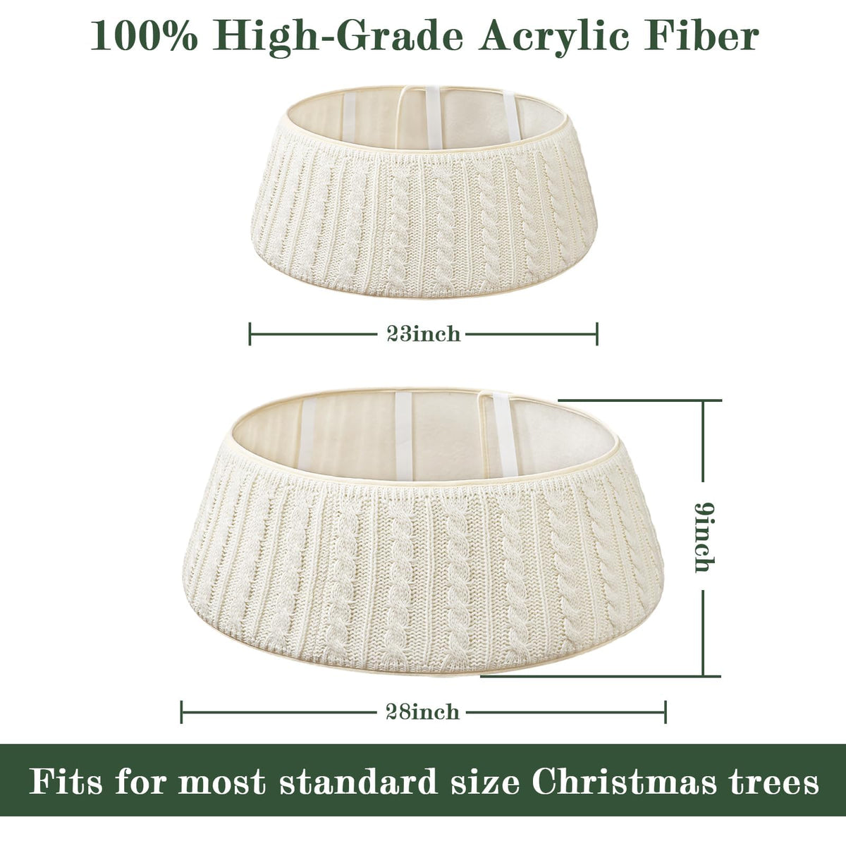 Knitted Christmas Tree Collar: Cream White Braided Cable Knit Vertical Crochet Tree Ring, Rustic Thick Chunky Farmhouse Christmas Tree Base Cover for Artificial Trees Xmas Holiday Home Décor Gifts