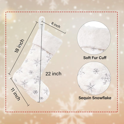 CARAKNOTS White Christmas Stockings 3 Pack 21 inches Large Neutral Luxury Christmas Stockings for Family Kids Faux Fur Xmas Silver Farmhouse Fireplace Hanging Decorations