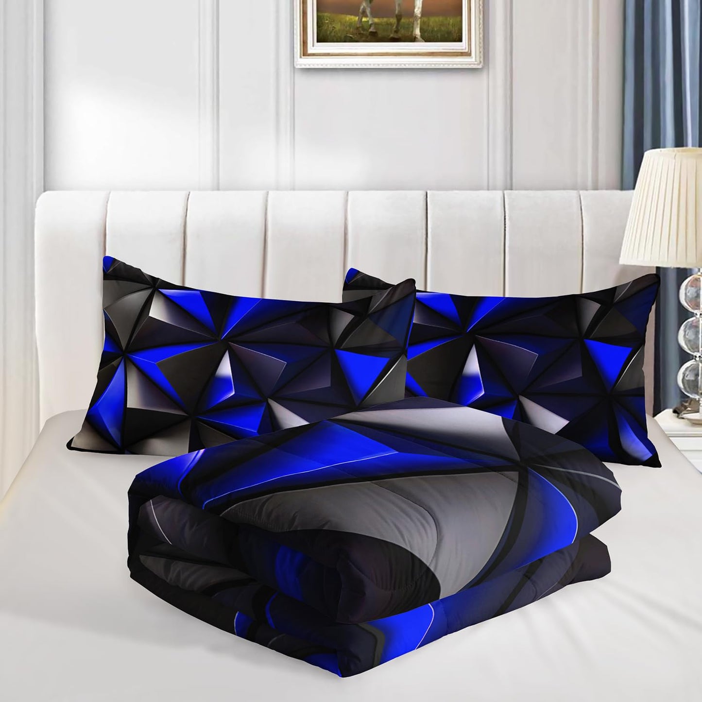 UEVBF Blue and Black Bedding Set Queen Size,Geometric Pattern Comforter Set for Kids Boys Girls Geometry Room Decor,Art Aesthetic Bedding with 2 Pillowcases.