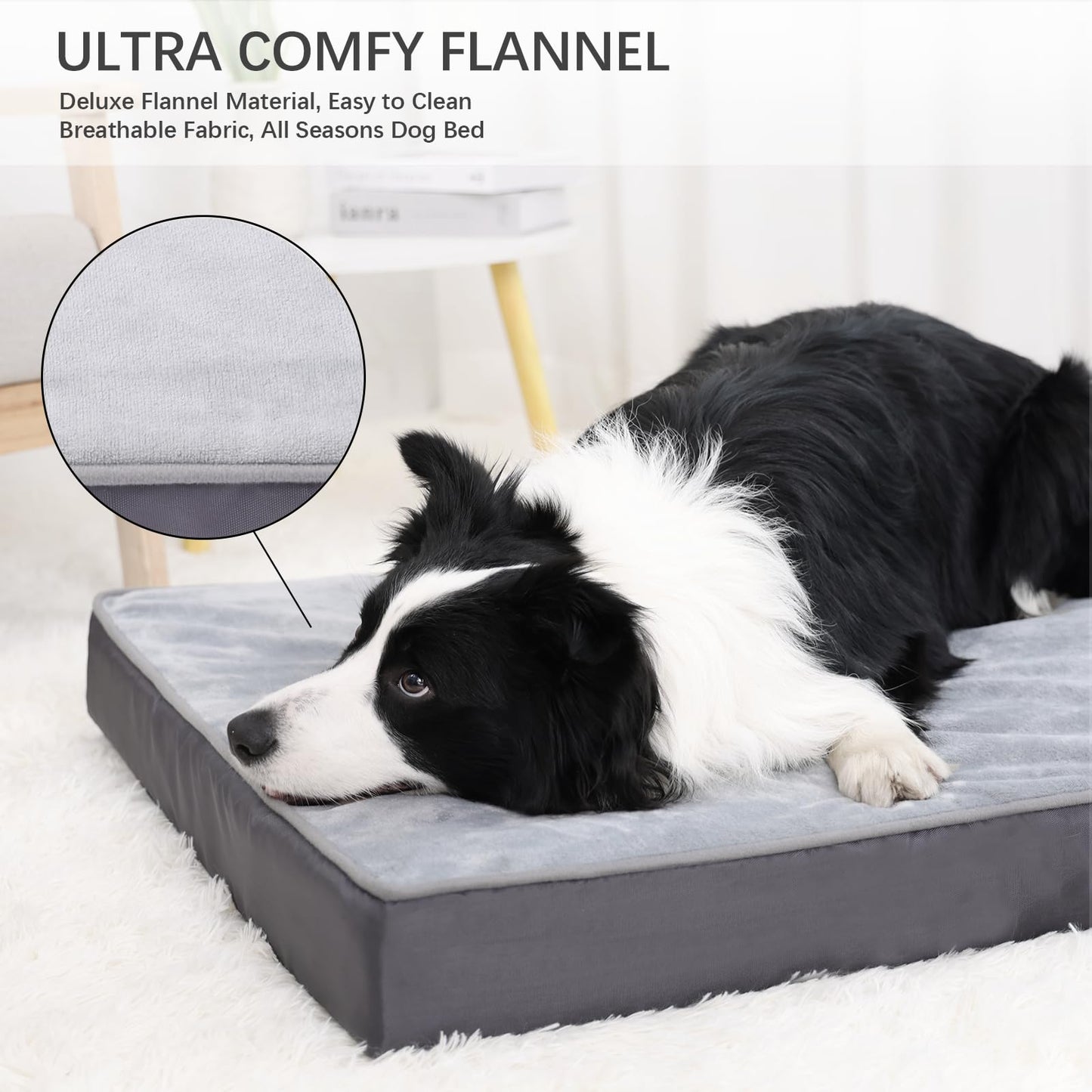 Jaspuriea Large Orthopedic Dog Bed - Washable Waterproof Removable Cover, Anti-Slip, Deluxe Dogs Crate Flannel Mattress, Grey, 90x60x9cm