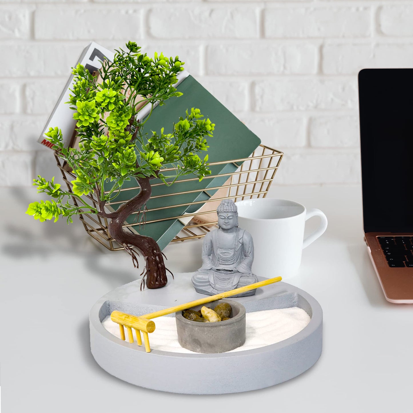 Round Shape, Zen Garden Tealight Candle Holder with a Mini Buddha Statue and a Bonsai Tree - A Perfect Japanese Art for Relaxation and Meditation - Free Your Mind with Our Mini Zen Garden Decor, Gray