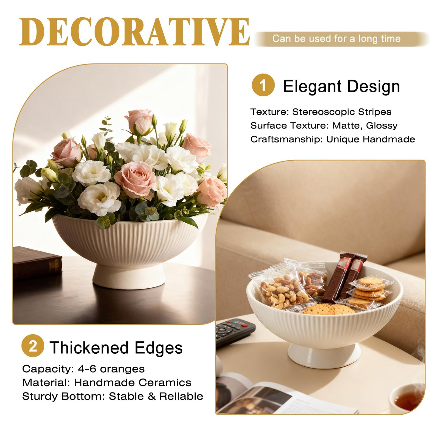 Richtmall Decorative Bowl 8 Inch Fruit Bowl for Kitchen Counter Modern Pedestal Footed Centerpiece Bowl for Coffee Table & Home Decor Fall Catch-All Bowl for Key, Candy, White