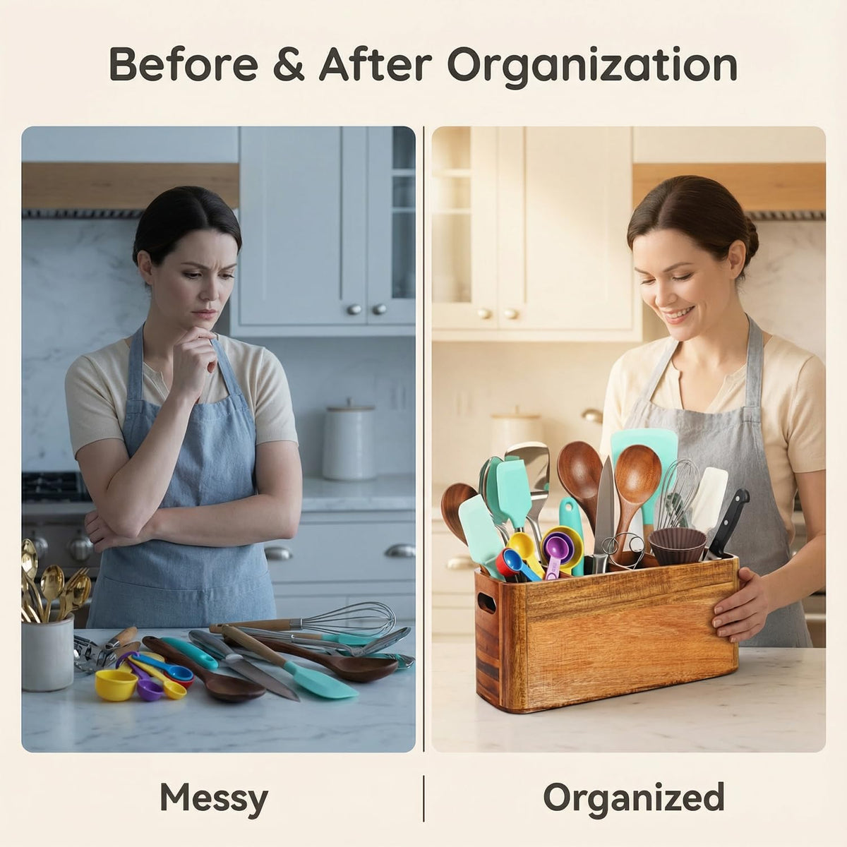 ZKMLMHJ Large Wooden Utensil Holder for Kitchen Countertop - 4 Compartment Acacia Wood Organizer & Utensil Caddy for Cooking Tools, Wall Mountable