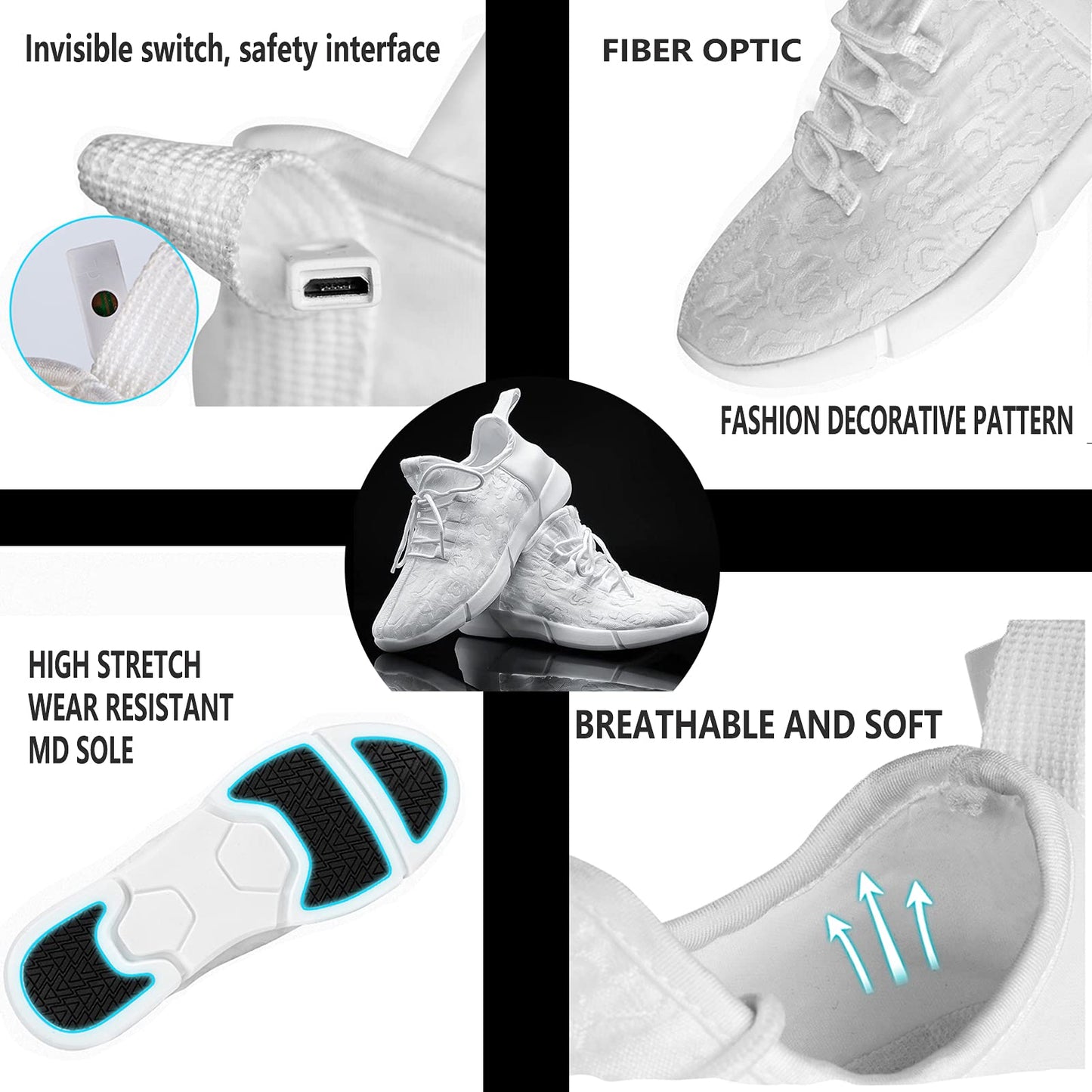 LED Fiber Optic Shoes Light Up Sneakers for Women Men Luminous Trainers Flashing Sneakers for Festivals, Christmas, Halloween, New Year Party with USB Charging, White 41