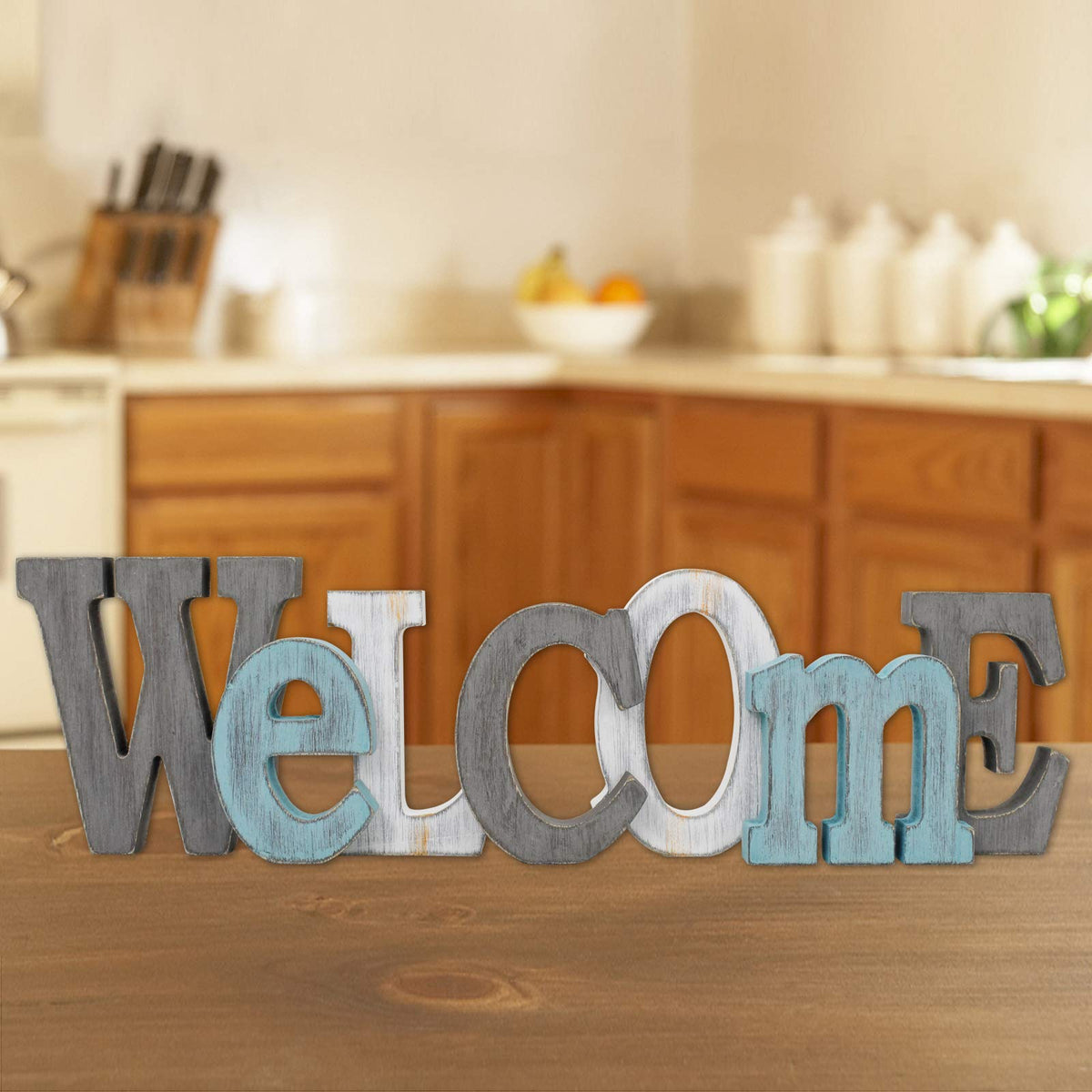 Waroom Home Rustic Wood Welcome Sign Decor - Decorative Block Word Letters, Hanging Wooden Cutout Wall Decoration (Gray)