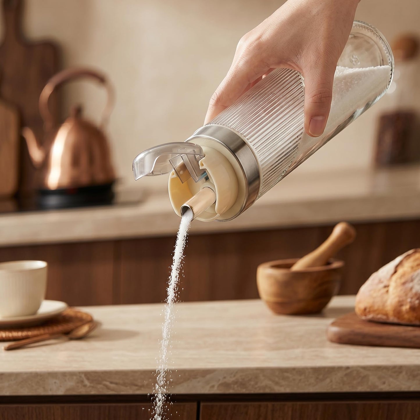 shuielai 22 oz Large Glass Sugar Dispenser with Pour Spout, Anti-Slip Ribbed Glass Container, Large Capacity Shaker Jar for Sugar Salt Coffee and Kitchen Baking