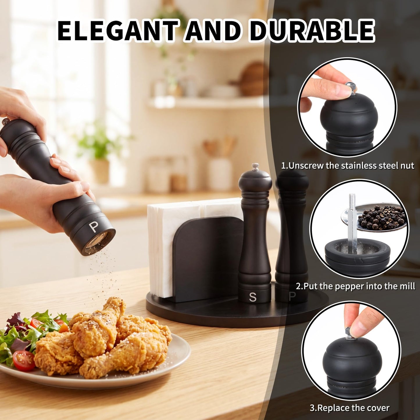 4 Pcs Rustic Farmhouse Decor Set Acacia Wooden Napkin Holder Salt and Pepper Shakers and 12" Round Wood Tray Spice Rack Table Tray for Kitchen Countertop Dining Table Centerpieces(Black)