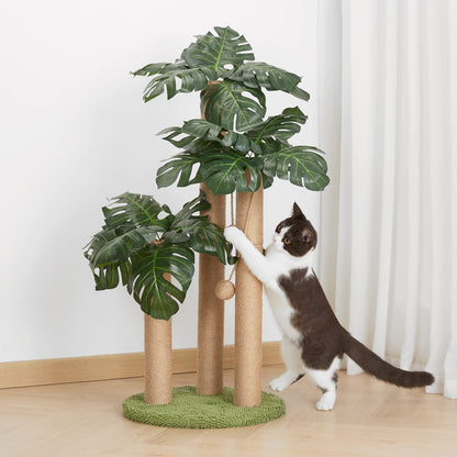 31.5Inch Cat Scratching Post,Cat Scratcher Tree with 3 Scratching Poles & 2 Interactive Dangling Balls,Cats Scratching Posts for Indoor Kitten & Adult Cats (Monstera tree)