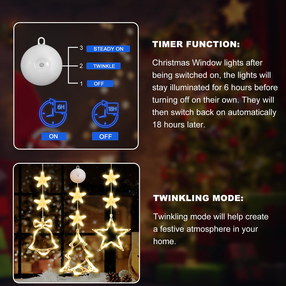 LYUBASA [Timer 3Pcs Christmas Window Lights Decorations,Battery Powered Christmas Hanging Warm White Lighted Tree Bell Star Shaped LED Sucker for Xmas Tree Fireplace Indoor Outdoor Decor