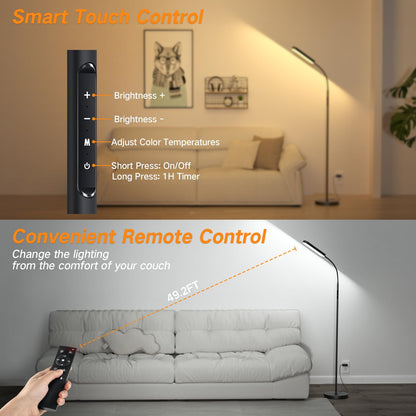 OUTON LED Floor Lamp 15W 1500LM, Dimmable Adjustable Modern Standing Light with 4 Color Temperature, Remote & Touch Control, 1 Hour Timer for Reading Living Room Bedroom Office Sewing (Black)