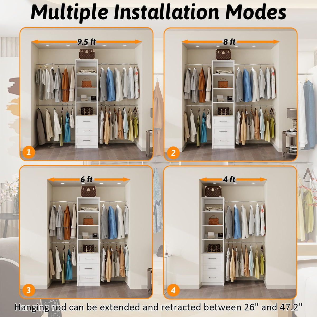 Closet System, 5FT-8FT Closet Organizer System with 3 Wooden Drawers, 99" Walk In Closet Organizer and Storage with 4 Expandable Hanging Rods, Wall Mount, White