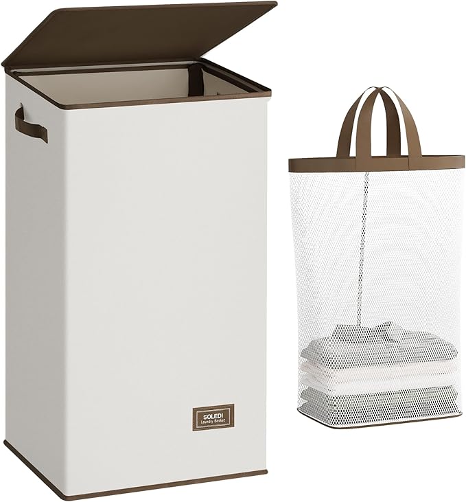 SOLEDI Clothes Hamper with Lid - 100L XL - Large Laundry Basket with Removable
