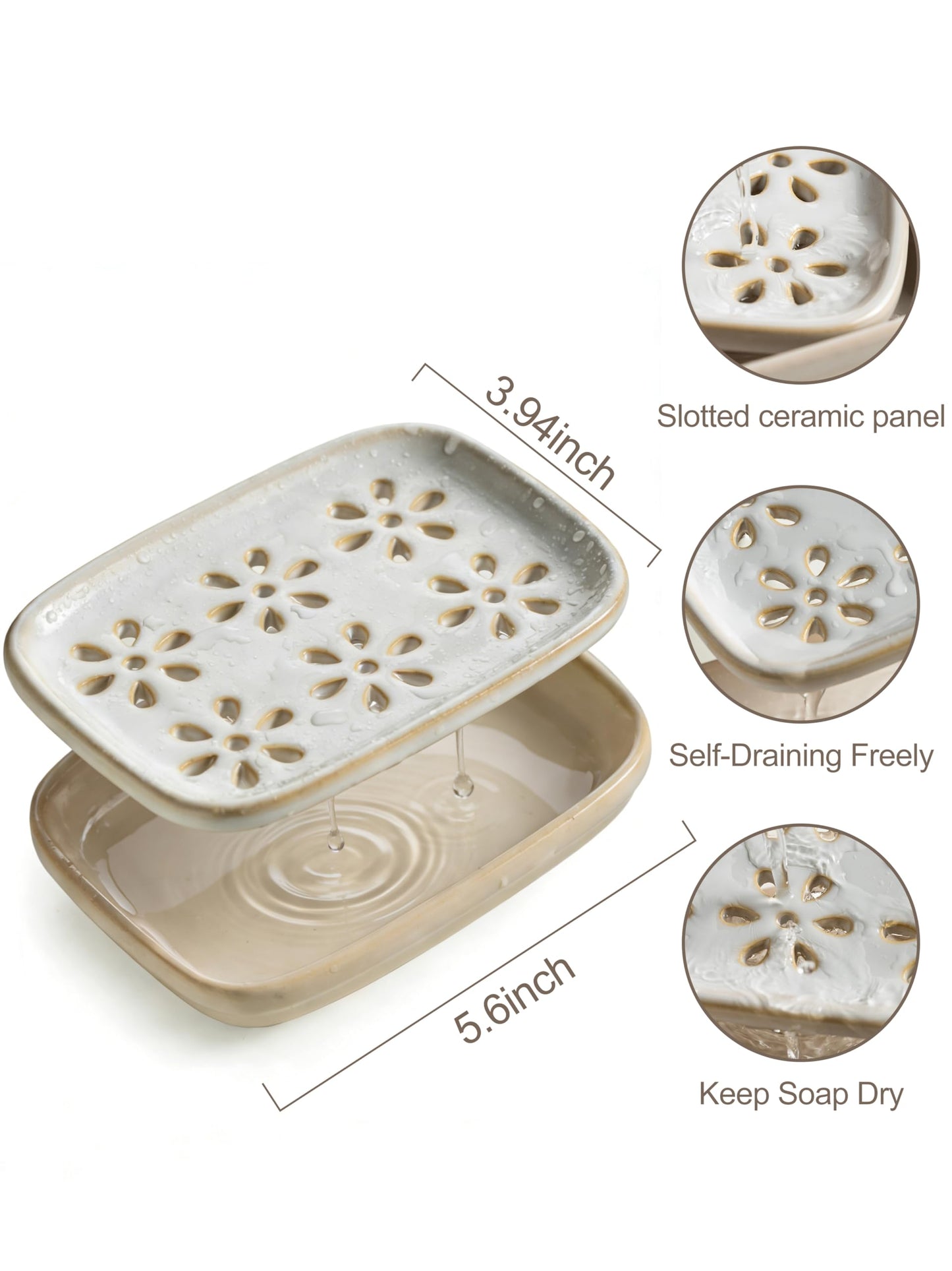 Miamolo Soap Dish for Shower with Drainage, Double Layer Bar Soap Holder, Ceramic Soap Saver Sponge Holder for Bathroom, Tub and Kitchen Sink, Slotted Draining Soap Dishes Extend Soap Life, Beige