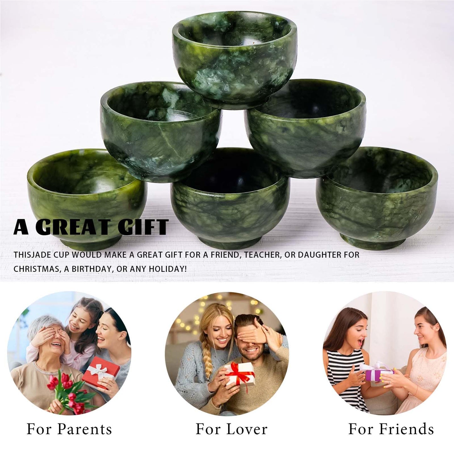 Runyangshi 2PCS Natural Jade Tea Cup Set Green Jade Healing Crystal Water Cup Hand Carved Bowl Gongfu Tea Set Reiki Meditation Home Decor Gift (atrovirens)