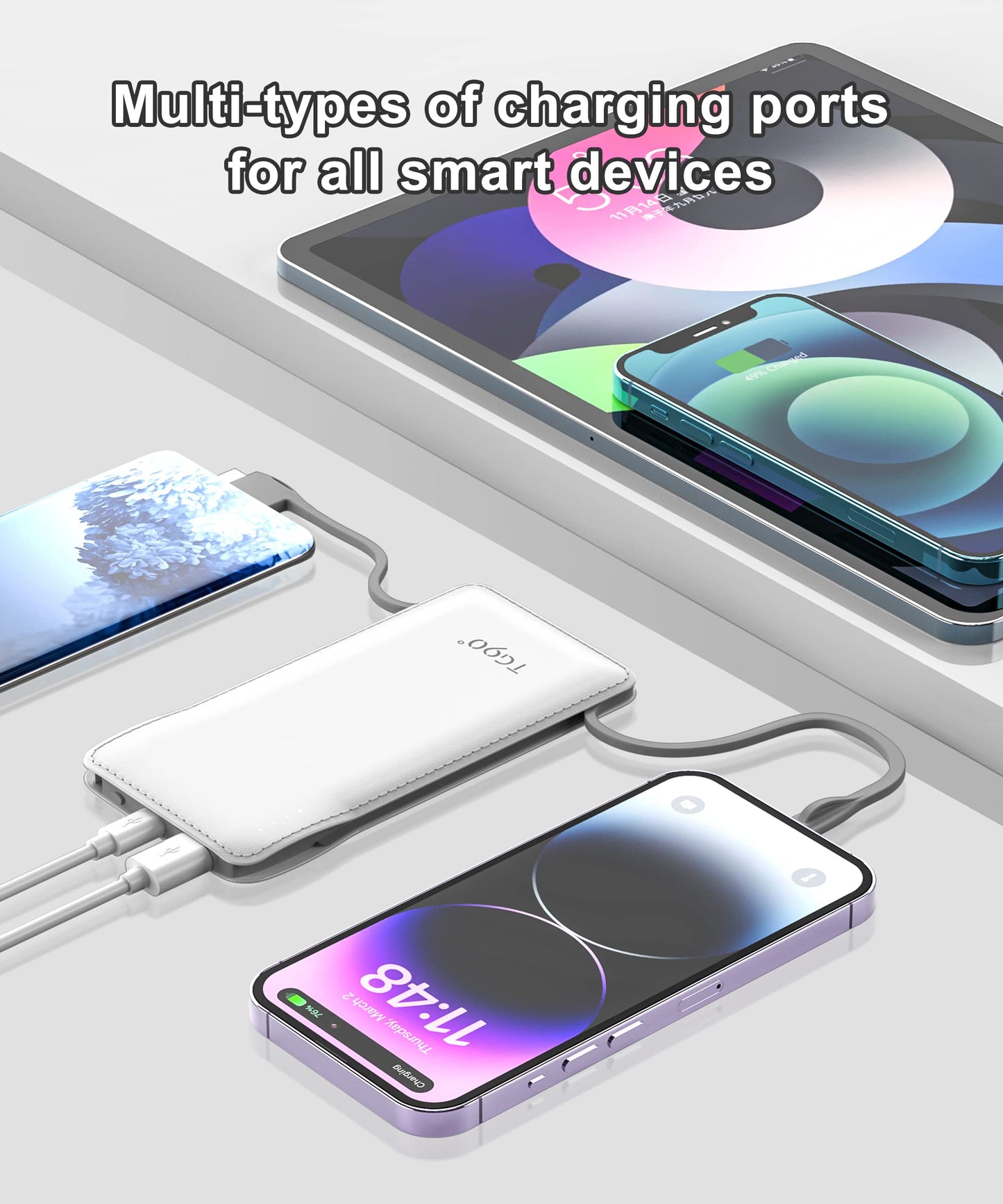 TG90° Portable Charger 10000mah Cell Phone Battery Backup, Ultra Slim Power Bank with Built in Lightning and USB-C Cable, Portable Phone Charger Battery Packs Compatible with iPhone Android Phones